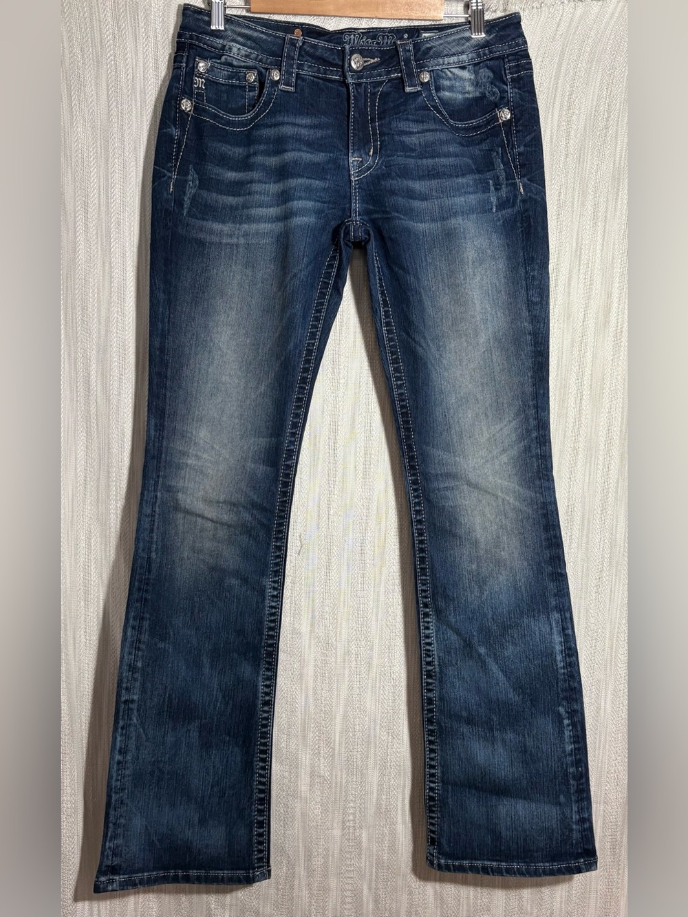 Miss Me Dark Blue Flare Jeans with Whisker Fade size 31 bootcut